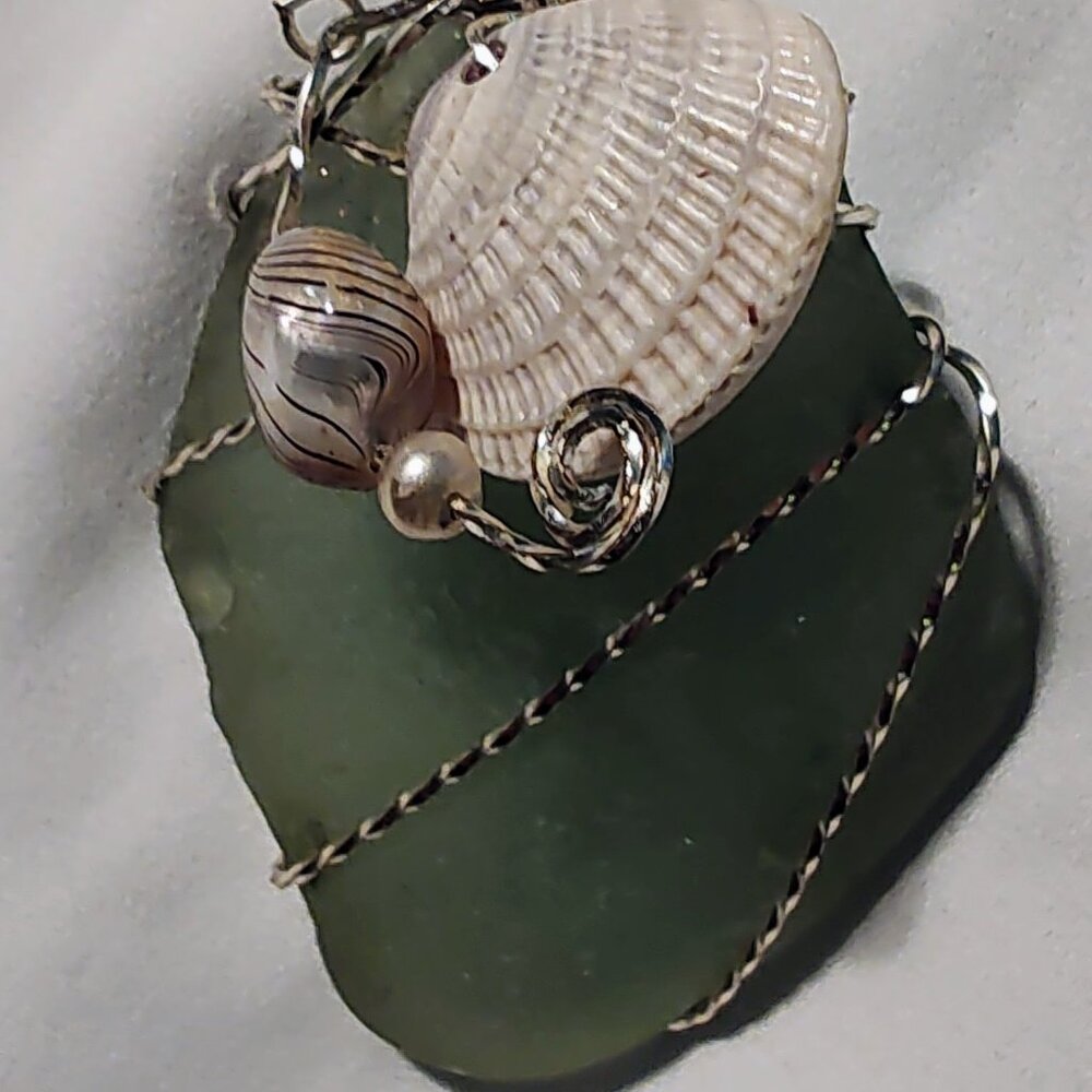 Beach Glass Pendant Seafoam Green Wave Sculpted Hand-twist, Silver Sterl setting